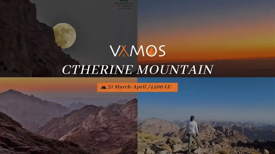 A collage of mountain landscapes featuring a full moon over cliffs, a colorful sunset, rocky peaks, and a hiker admiring the vast view.