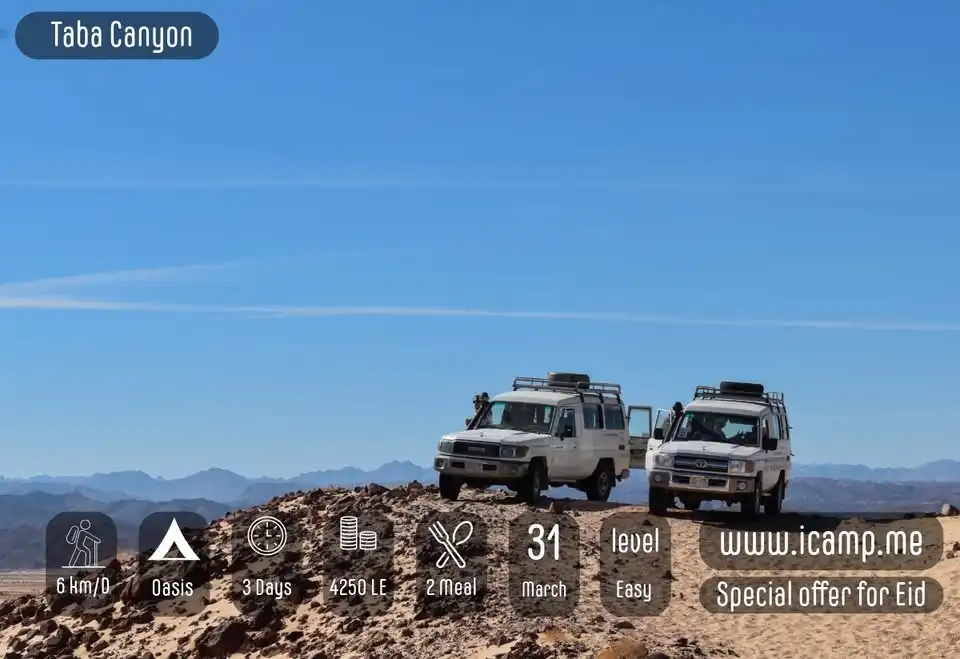 Two white off-road vehicles on a rocky desert hill with a clear blue sky and distant mountain range